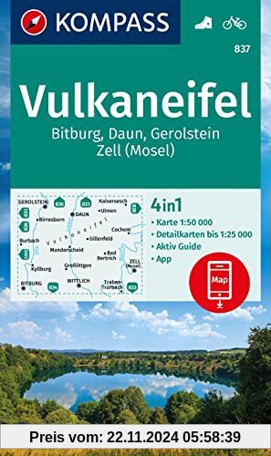 KOMPASS Wanderkarte 837 Vulkaneifel, Bitburg, Daun, Gerolstein, Zell (Mosel) 1:50.000: 4in1 Wanderkarte, mit Aktiv Guide