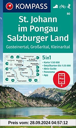 KOMPASS Wanderkarte 80 St. Johann im Pongau, Salzburger Land 1:50000: 5in1 Wanderkarte mit Aktiv Guide, Detailkarten und