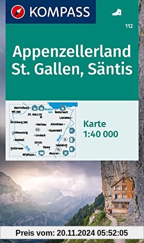 KOMPASS Wanderkarte 112 Appenzellerland, St. Gallen, Säntis 1:40.000: mit markierten Wanderwegen, Hütten, Radrouten