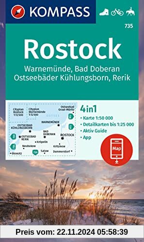 KOMPASS Wanderkarte 735 Rostock, Warnemünde, Bad Doberan, Ostseebäder Kühlungsborn, Rerik 1:50.000: 4in1 Wanderkarte, mi