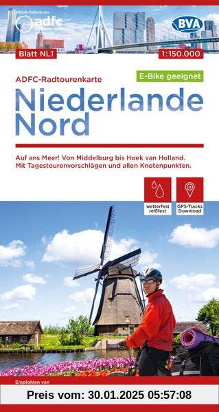 ADFC-Radtourenkarte NL 1 Niederlande Nord 1:150.000, reiß- und wetterfest, E-Bike geeignet, GPS-Tracks Download, mit Kno