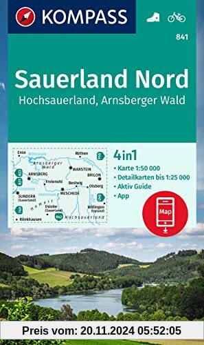 KOMPASS Wanderkarte 841 Sauerland Nord, Hochsauerland, Arnsberger Wald 1:50.000: 4in1 Wanderkarte, mit Aktiv Guide und D