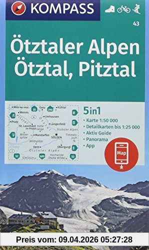 Kompass-Karten GmbH Ötztaler Alpen, Ötztal, Pitztal, 5in1 Wanderkarte 1, 50000 Mit Panorama, Aktiv Guide Und Detailkarten Inklusive Karte Zur Offline Verwendung In Der