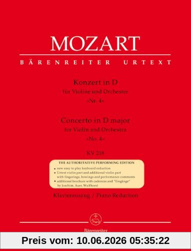 Konzert für Violine und Orchester Nr. 4 D-Dur KV 218. Klavierauszug