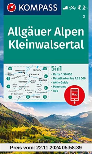 KOMPASS Wanderkarte 3 Allgäuer Alpen, Kleinwalsertal 1:50.000: 4in1 Wanderkarte mit Aktiv Guide und Detailkarten inklusi