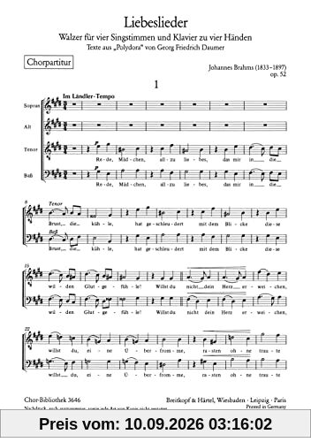 Liebeslieder-Walzer opus.52: für 4 Singstimmen und Klavier zu 4 Händen