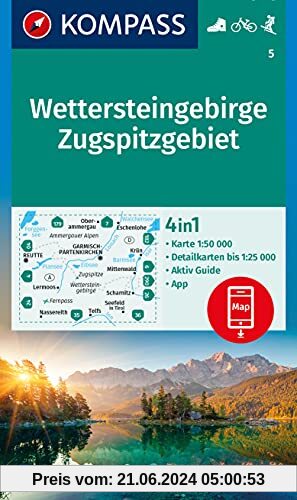 KOMPASS Wanderkarte Wettersteingebirge, Zugspitzgebiet: 4in1 Wanderkarte 1:50000 mit Aktiv Guide und Detailkarten inklus