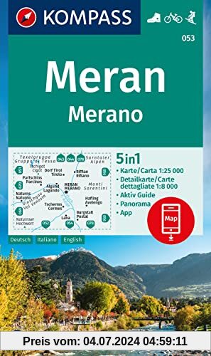 KOMPASS Wanderkarte 053 Meran / Merano 1:25.000: 5in1 Wanderkarte mit Panorama, Stadtplan und Aktiv Guide inklusive Kart