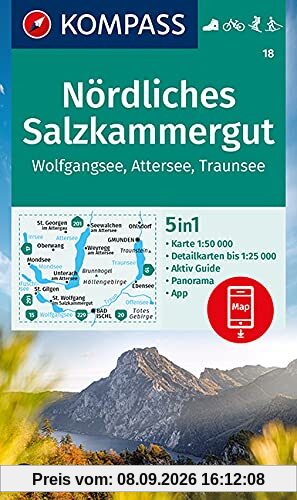 KOMPASS Wanderkarte Nördliches Salzkammergut, Wolfgangsee, Attersee, Traunsee: 5in1 Wanderkarte 1:50000 mit Panorama, Aktiv Guide und Detailkarten ... Fahrradfahren. Skitouren. Langlaufen.