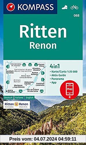 KOMPASS Wanderkarte Ritten, Renon: 4in1 Wanderkarte 1:25000 mit Aktiv Guide und Panorama inklusive Karte zur offline Ver