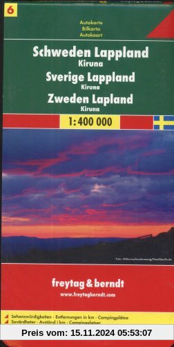 Schweden Blatt 6 Lappland / Kiruna 1 : 400 000: Sehenswürdigkeiten - Entfernungen in km - Campingplätze