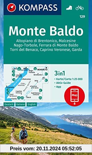 KOMPASS Wanderkarte 129 Monte Baldo, Malcesine, Nago-Torbole, Garda 1:25.000: 3in1 Wanderkarte mit Aktiv Guide inklusive