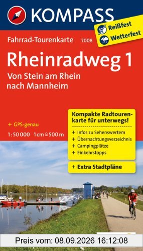 Rheinradweg 1, Von Stein am Rhein nach Mannheim: Fahrrad-Tourenkarte. GPS-genau. 1:50000. (KOMPASS-Fahrrad-Tourenkarten)