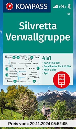 KOMPASS Wanderkarte 41 Silvretta, Verwallgruppe 1:50.000: 4in1 Wanderkarte, mit Aktiv Guide und Detailkarten inklusive K