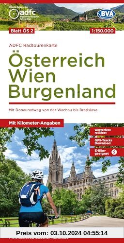 ADFC-Radtourenkarte ÖS2 Österreich Wien Burgenland 1:150:000, reiß- und wetterfest, E-Bike geeignet, GPS-Tracks Download