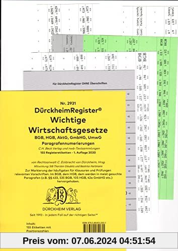 DürckheimRegister® WICHTIGE WIRTSCHAFTSGESETZE (BGB, HGB, GmbHG, AktG, UmwG) §§ und Gesetze ohne stichworte: 155 Registe