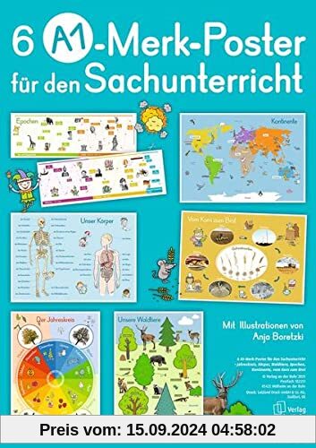 6 A1-Merk-Poster für den Sachunterricht – Jahreskreis, Körper, Waldtiere, Epochen, Kontinente, vom Korn zum Brot