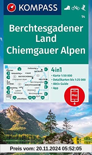 KOMPASS Wanderkarte 14 Berchtesgadener Land, Chiemgauer Alpen 1:50.000: 4in1 Wanderkarte mit Aktiv Guide und Detailkarte