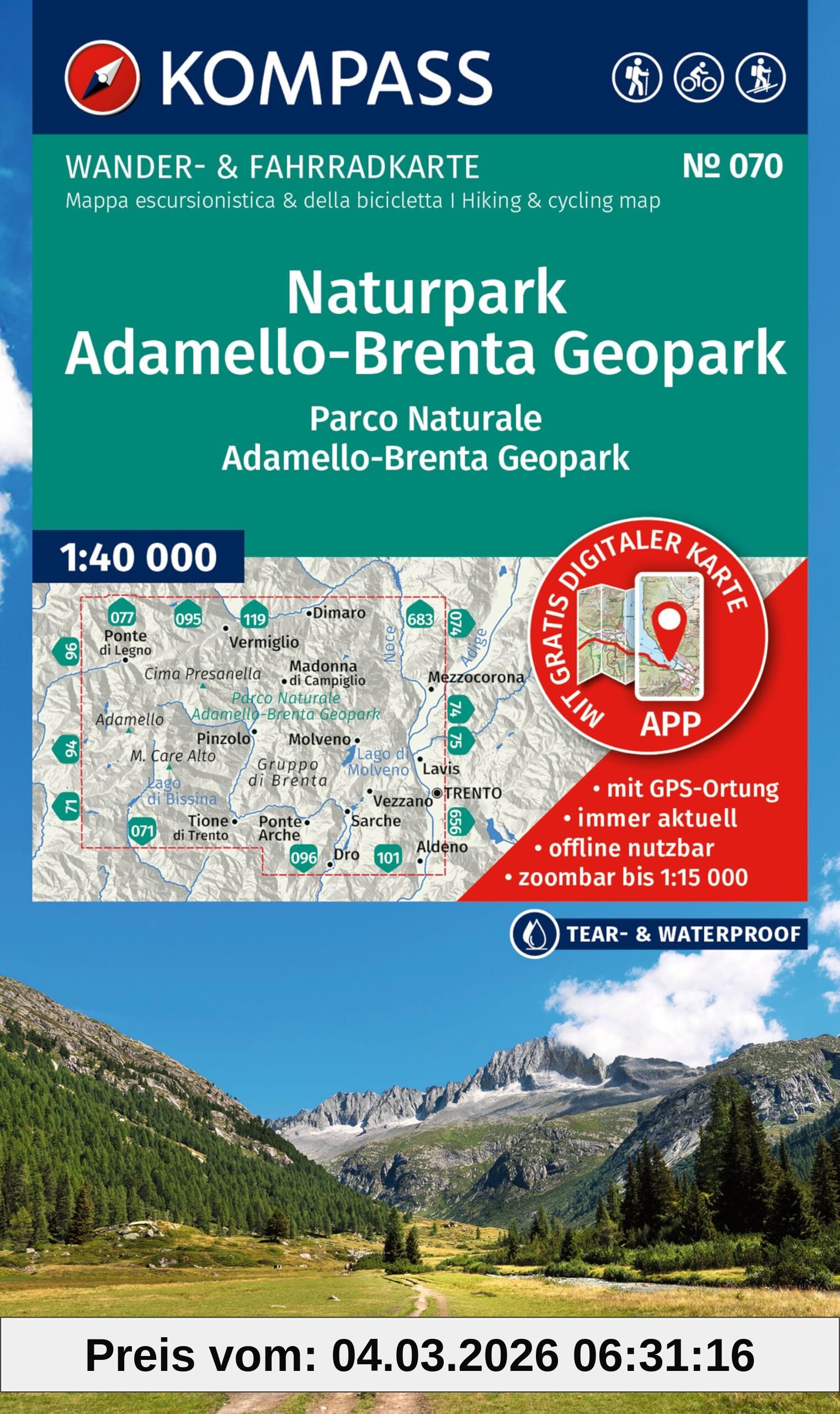 unbekannt Kompass Wanderkarte 070 Naturpark Adamello-Brenta Geopark / Parco Naturale Adamello-Brenta Geopark 1, 40.000, Wander- Und Fahrradkarte In Einem - ...