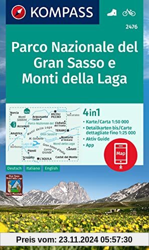 KOMPASS Wanderkarte 2476 Parco Nazionale del Gran Sasso e Monti della Laga 1:50.000: 4in1 Wanderkarte mit Aktiv Guide un