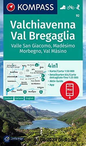 KOMPASS Wanderkarte 92 Chiavenna/Val Bregaglia 1:50.000: 4in1 Wanderkarte mit Aktiv Guide und Detailkarten inklusive Kar