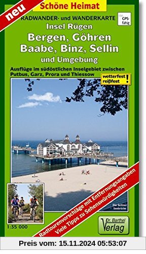 Radwander- und Wanderkarte Insel Rügen, Bergen, Göhren, Baabe, Binz, Sellin und Umgebung: Ausflüge im südöstlichen Insel