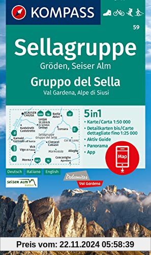 KOMPASS Wanderkarte 59 Sellagruppe, Gröden, Seiseralm / Gruppo del Sella, Val Gardena, Alpe di Siusi 1:50.000: 5in1 Wand