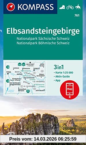 Kompass-Karten GmbH Kompass Wanderkarte 761 Elbsandsteingebirge, Nationalpark Sächsische Schweiz, Nationalpark Böhmische Schweiz 1, 25.000, 3in1 Wanderkarte Mit Aktiv