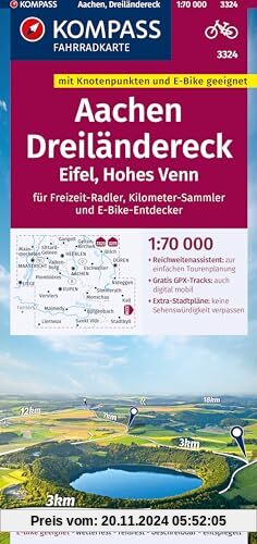 KOMPASS Fahrradkarte 3324 Aachen, Dreiländereck, Eifel, Hohes Venn mit Knotenpunkten 1:70.000: reiß- und wetterfest mit 