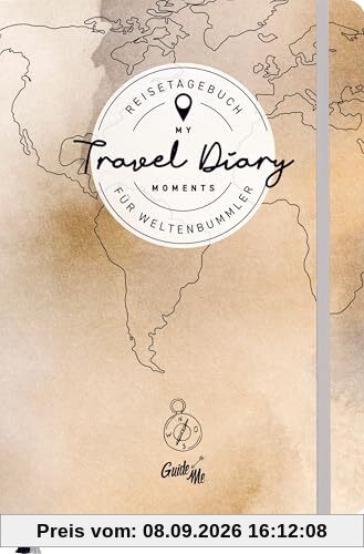GuideMe Reisetagebuch Travel Diary „Weltkarte“: Tagebuch zum Ausfüllen mit freien Seiten, Sammeltasche, Stickerbogen & 3 Lesebändchen