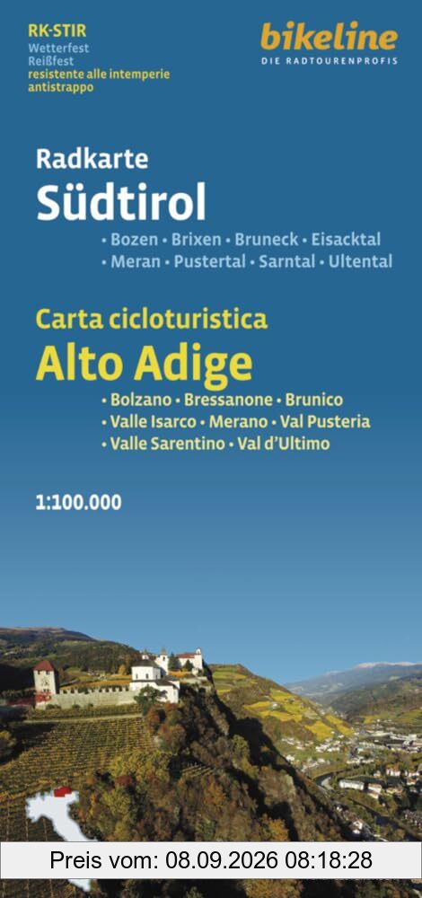 Radkarte Südtirol: Bozen – Brixen – Bruneck – Eisacktal – Meran – Pustertal – Sarntal – Ultental (Bolzano – Bressanone – Brunico – Valle Isarco – ... –Val d’Ultimo, 1:100.000 (Bikeline Radkarte)