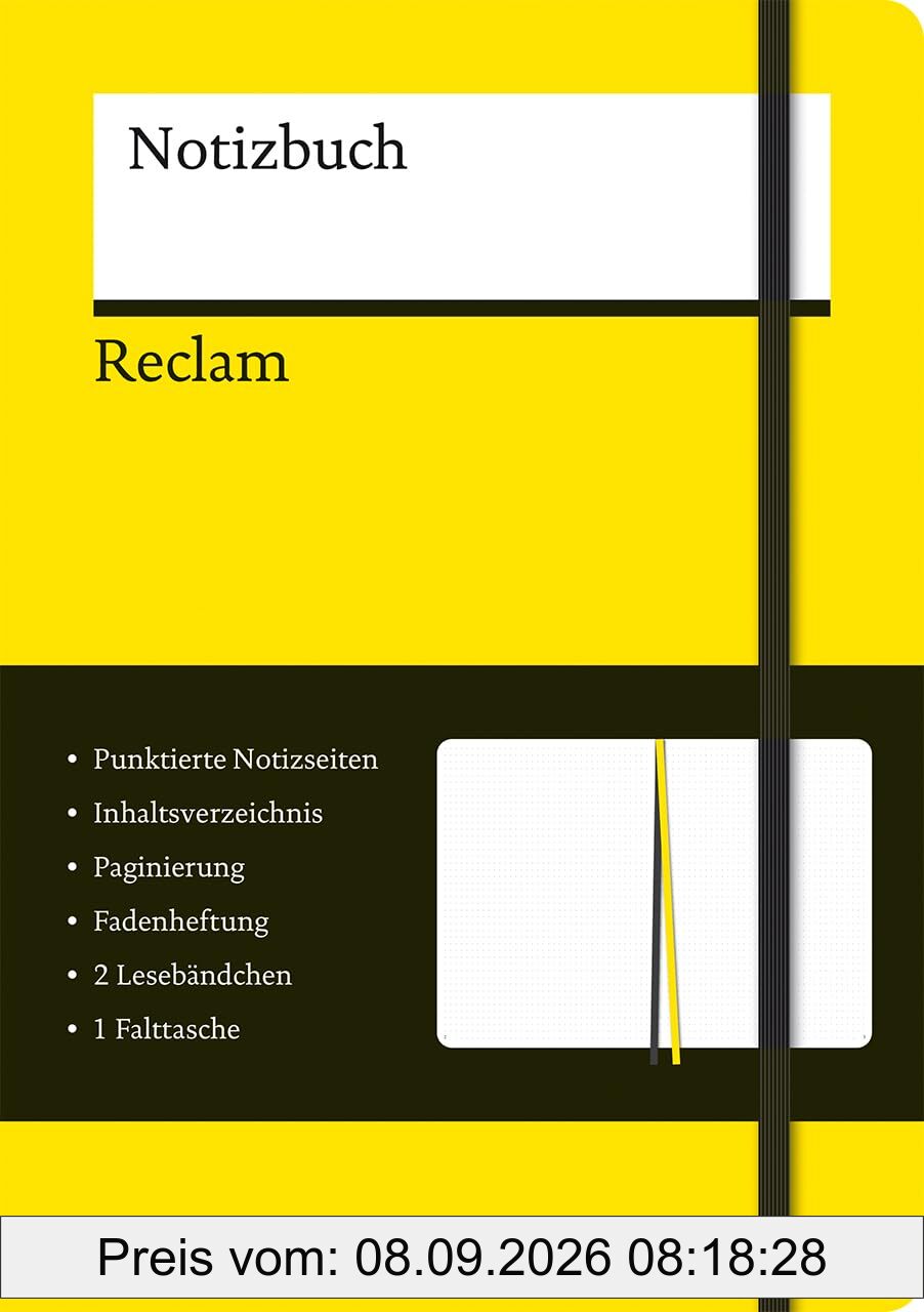 Reclams Notizbuch: Großes Notizbuch (Softcover) im Format A5 mit Gummiband, 140 gepunkteten Seiten, zwei Lesebändchen, Inhaltsverzeichnis, Paginierung und Falttasche im Einband