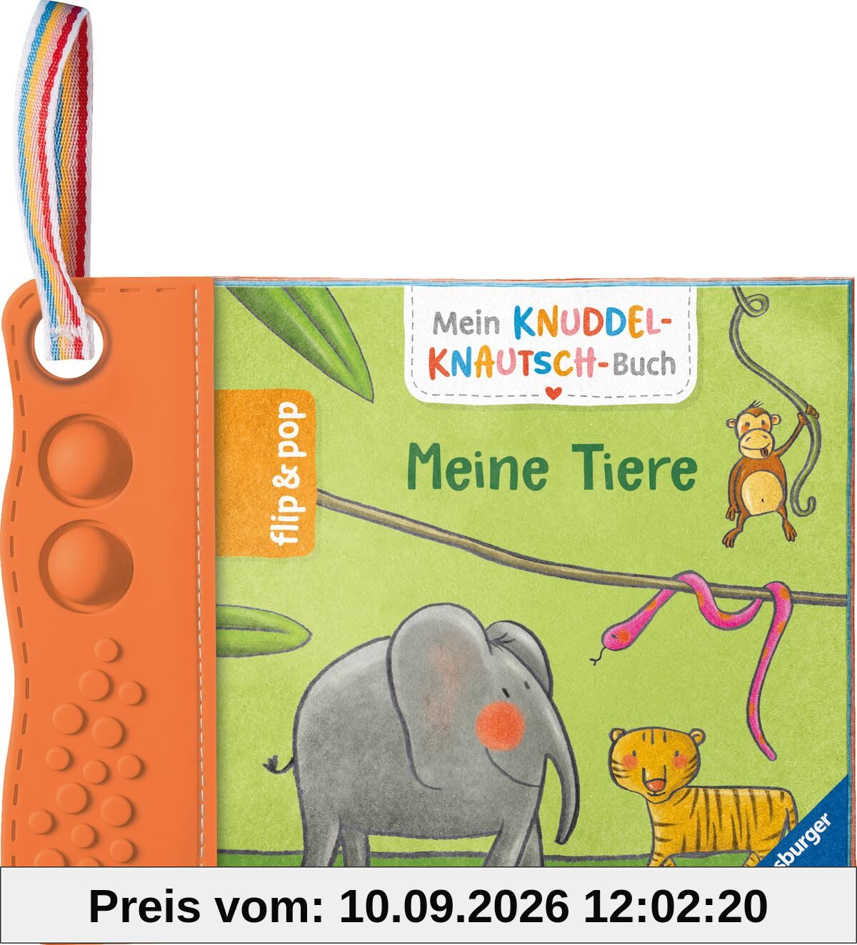Mein Knuddel-Knautsch-Buch: flip&pop. Meine Tiere (mit Pop-it Beißleiste); weiches Stoffbuch, waschmaschinengeeignet, Badebuch, Babyspielzug ab 0 Monate, Sensorik Spielzeug aus Silikon