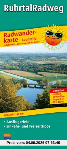 Radwanderkarte Ruhrtal-Radweg, Winterberg - Duisburg: Mit Ausflugszielen, Einkehr- und Freizeittipps, reissfest, wetterfest, GPS-genau. 1:50000