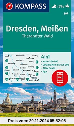 KOMPASS Wanderkarte 809 Dresden, Meißen, Tharandter Wald 1:50.000: 4in1 Wanderkarte, mit Aktiv Guide und Detailkarten in