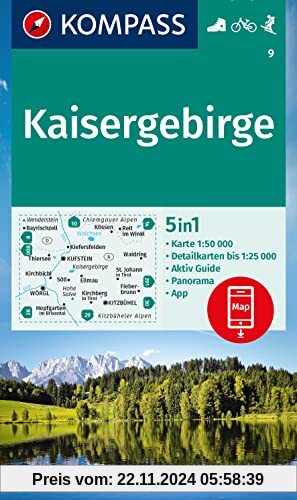 KOMPASS Wanderkarte 9 Kaisergebirge 1:50.000: 5in1 Wanderkarte mit Panorama, Aktiv Guide und Detailkarten inklusive Kart