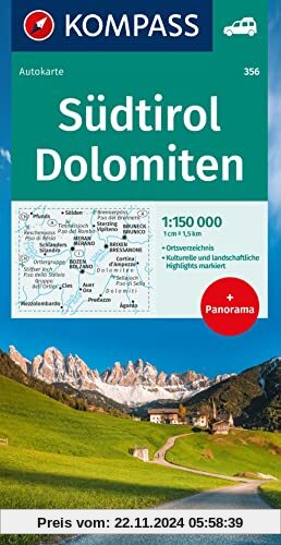 KOMPASS Autokarte Südtirol, Dolomiten 1:150.000: mit Panorama auf der Rückseite