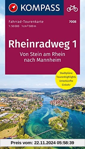 KOMPASS Fahrrad-Tourenkarte Rheinradweg 1 1:50.000: Vom Bodensee nach Mannheim