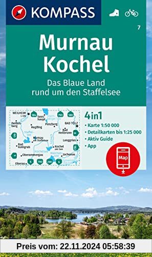 KOMPASS Wanderkarte 7 Murnau, Kochel - Das blaue Land rund um den Staffelsee 1:50.000: 4in1 Wanderkarte mit Aktiv Guide 