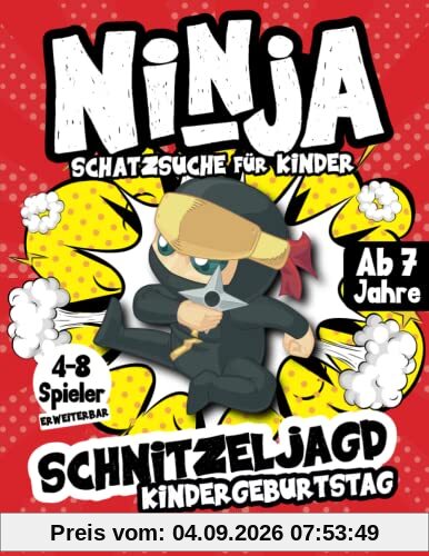 Schnitzeljagd Kindergeburtstag: Ninja - Schatzsuche für Kinder ab 7 Jahre - Outdoor Spiele für Kinder - Bastelset mit Einladungen, Mitgebsel, Schatzkarte, Urkunden - 4-8 Spieler