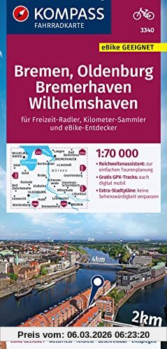 unbekannt Kompass Fahrradkarte 3340 Bremen, Oldenburg, Bremerhaven, Wilhelmshaven 1, 70.000, Reiß- Und Wetterfest Mit Extra Stadtplänen