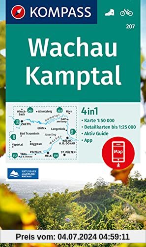 KOMPASS Wanderkarte 207 Wachau, Kamptal: 4in1 Wanderkarte 1:50000 mit Aktiv Guide und Detailkarten inklusive Karte zur o