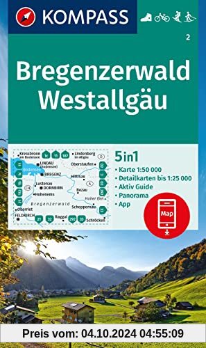 KOMPASS Wanderkarte 2 Bregenzerwald, Westallgäu 1:50.000: 5in1 Wanderkarte mit Aktiv Guide, Detailkarten und Panorama in