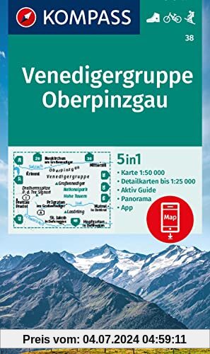 KOMPASS Wanderkarte 38 Venedigergruppe, Oberpinzgau 1:50.000: 5in1 Wanderkarte , mit Panorama, Aktiv Guide und Detailkar