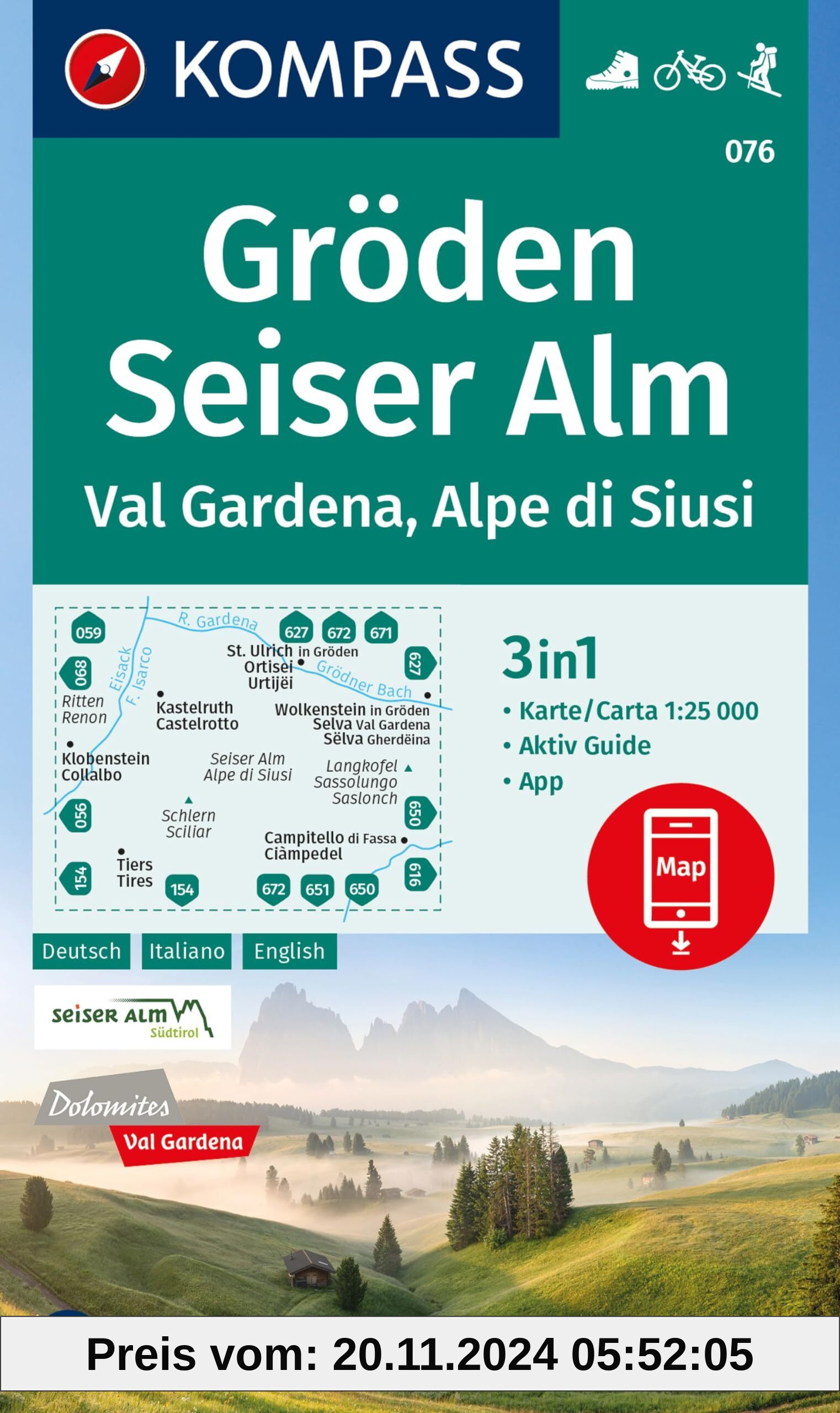 KOMPASS Wanderkarte 076 Gröden, Seiser Alm / Val Gardena, Alpe di Siusi 1:25.000: 4in1 Wanderkarte mit Aktiv Guide und D