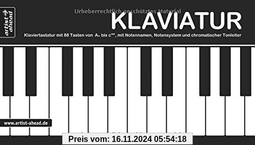 Klaviatur: Ausklappbare Klaviertastatur mit 88 Tasten von A'' bis c''''', mit Notennamen, Notensystem und chromatischer 