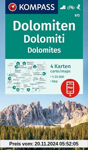 KOMPASS Wanderkarten-Set 672 Dolomiten, Dolomiti, Dolomites (4 Karten) 1:35.000: inklusive Karte zur offline Verwendung 