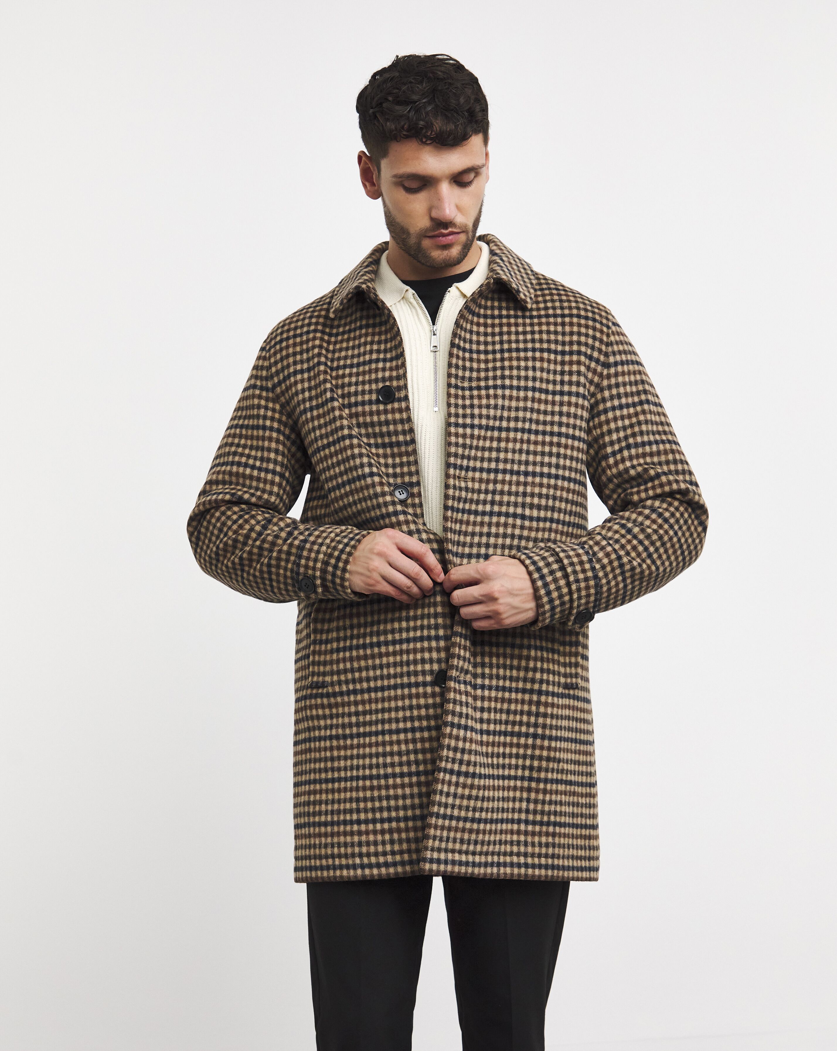 Brown Wool Blend Check Mac