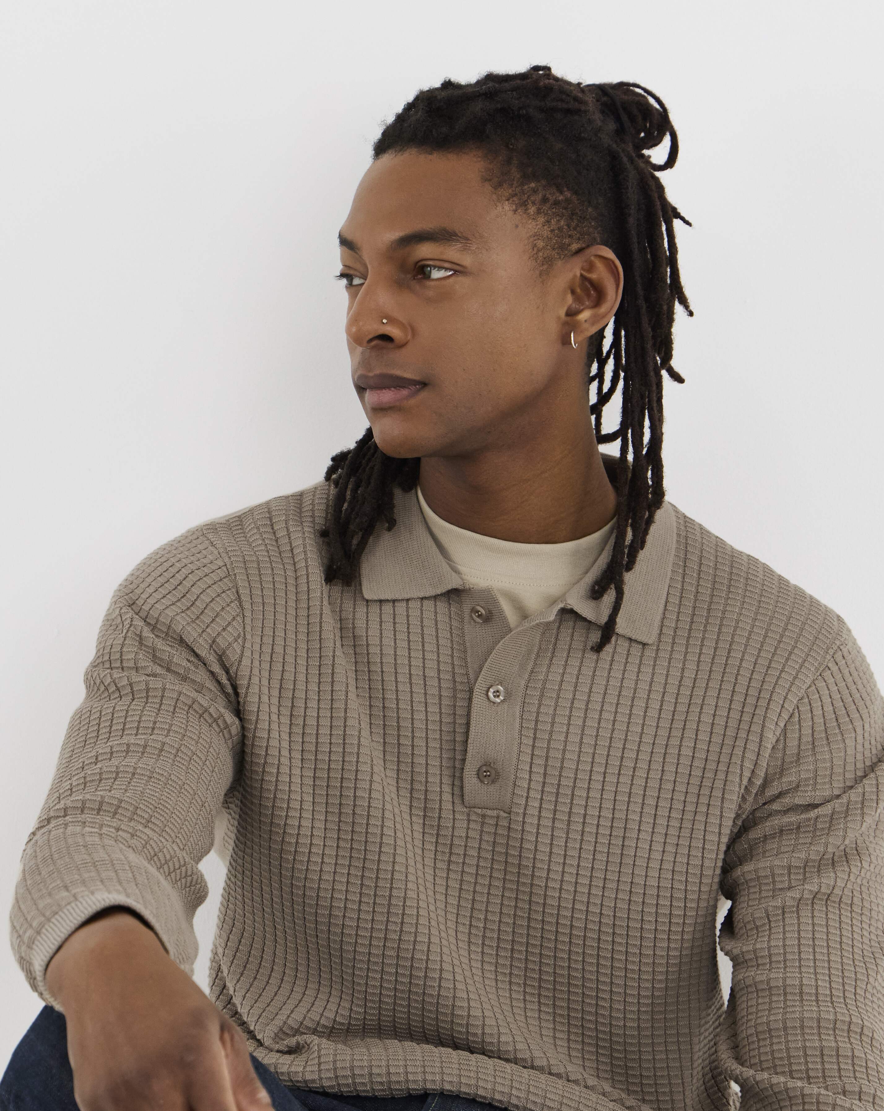 Textured Long Sleeve Knitted Polo