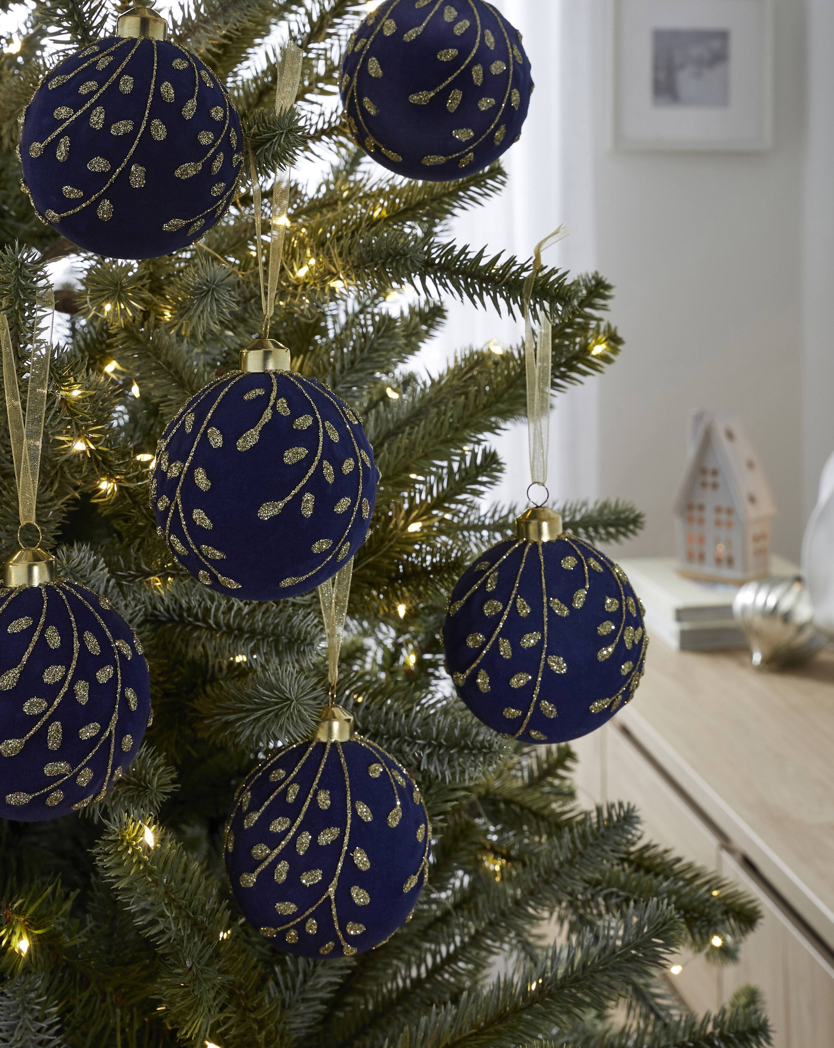 Set of 6 Flocked Navy and Gold Baubles